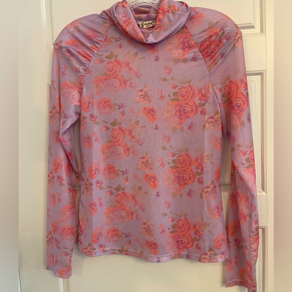 Free People Intimately Rose Pink Floral Mesh Turtle Neck. Preloved Size: L